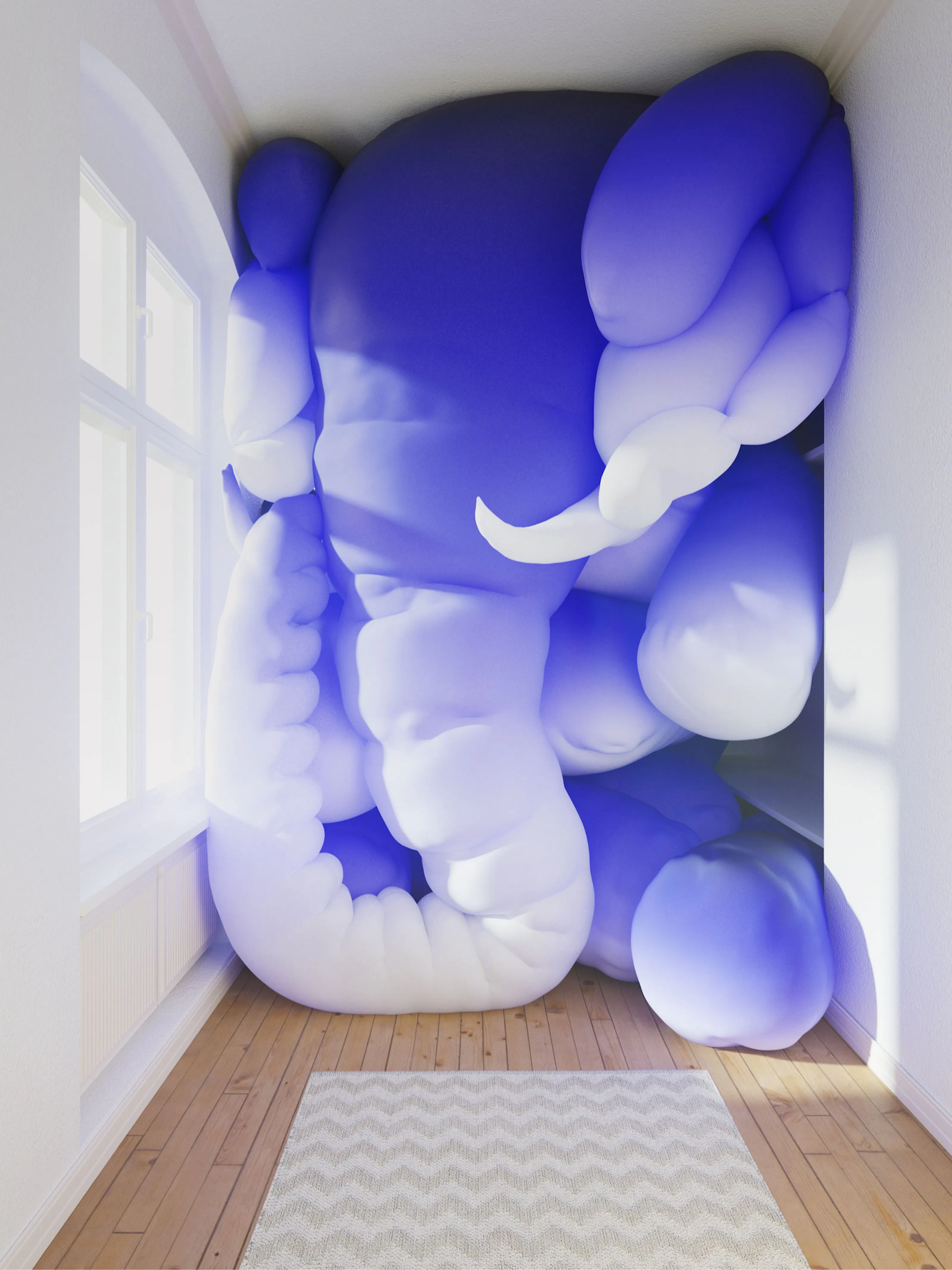 Photorealistic rendering of a large blue virtual elephant taking up volume in a living room.